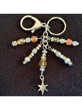 NEW Silver Star Amber Beaded Bag Charm Keychain Handmade One of a Kind